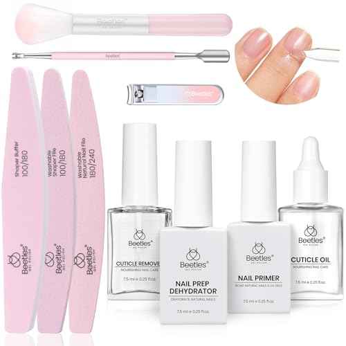 Beetles Nail Prep Kit Nail Dehydrator and Primer Cuticle Oil Cuticle Remover 4PCS 7.5ML Nails Care Tool Kit with Cuticles Pusher Nails Files Clippers Dust Brush 6PCS Manicure Tools for Gel Polish