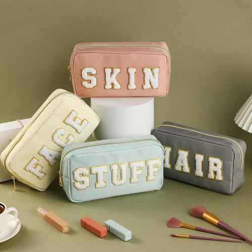 Cunno 4 Pcs Preppy Makeup Bags Chenille Letter Stuff Bag Nylon Cosmetic Pouch Cases with Zipper for Women Travel Toiletry