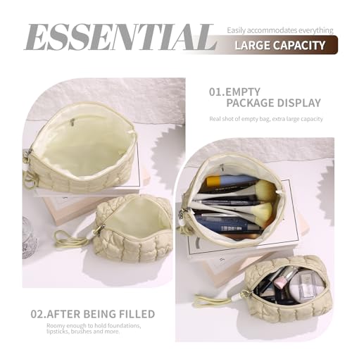 Richeart Makeup Bag Travel Toiletry Bag - Checkered Down Cotton Makeup Pouch for Women with Cosmetic and Pencil, Aesthetic Khaki Design, 2 Pieces