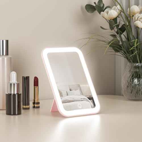 Kintion Travel Makeup Mirror, 6"*4.2" Rechargeable Portable LED Lighted Tabletop Vanity Mirror, 3 Colors Touch Dimmable Compact Mirror for Women Gift, Pink