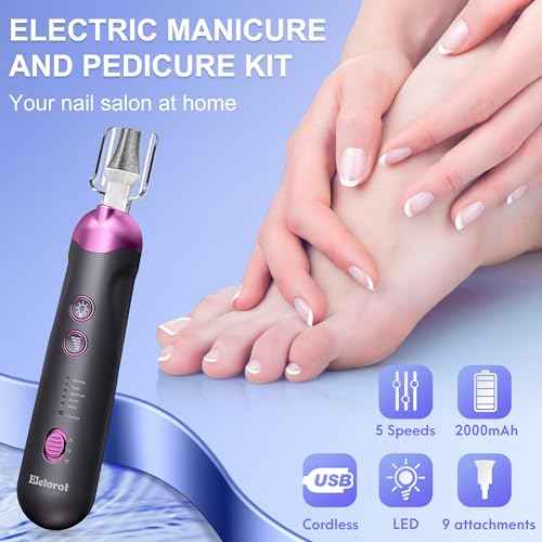 Manicure Pedicure Kit for Women Men: Eletorot Professional Electric Nail File Set, 5 Speeds Rechargeable Cordless Toe Nail Grinder Cuticle Tools for Feet Care, Gifts for Dad Boyfriend Grandpa Son