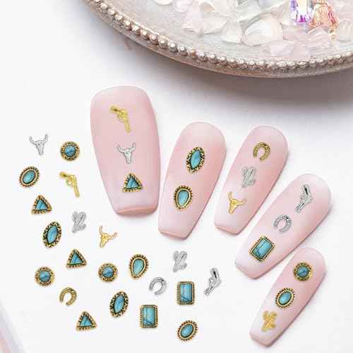 50 PCS Turquoise Nail Charms - 3D Western Nail Charms Vintage Turquoise Gems Stones Art, Retro Metal Gold Silver Cowboy Cowgirl Western Art Stickers Accessories Women DIY