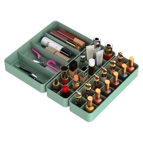 Stackable Drawer Organizer, 3 PCS Versatile Bathroom and Vanity Drawer Organizers Trays Makeup Organization and Storage Set for Lipstick, Lip Gloss, Nail Polish, Cosmetics, Skincare, Jewelry, Green