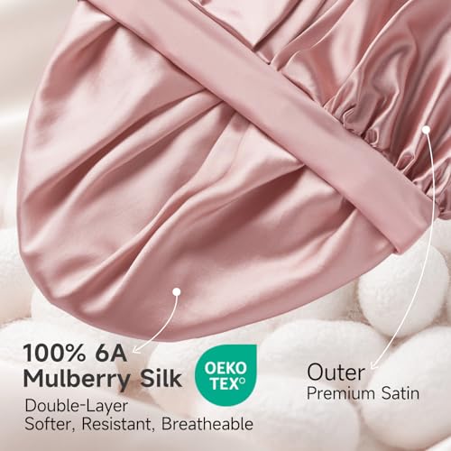 22 Momme 100% Real Mulberry Silk Bonnet for Sleeping Women, Large Hair Care Bonnet for Long Curly Hair, Double Layer Silk Wrap with Soft Elastic Band, Non-Slip Sleep Cap, Pink