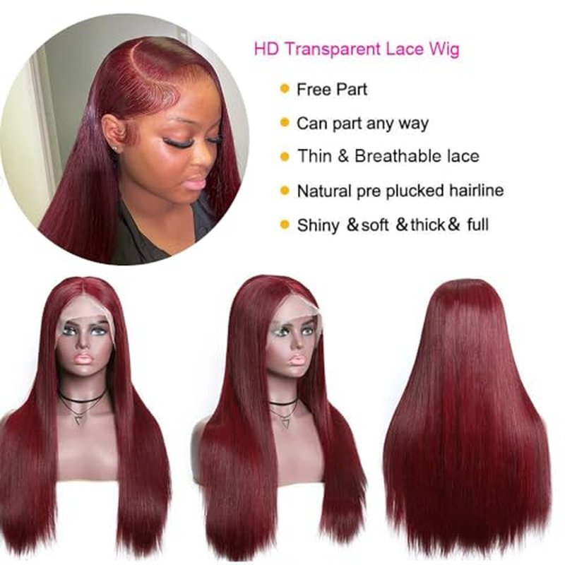 99J Burgundy Lace Front Wigs Human Hair 13x4 Straight Lace Front Wigs Pre Plucked Burgundy Wig Human Hair Straight Wigs for Women 180% Density Wine Red Wig 20Inch