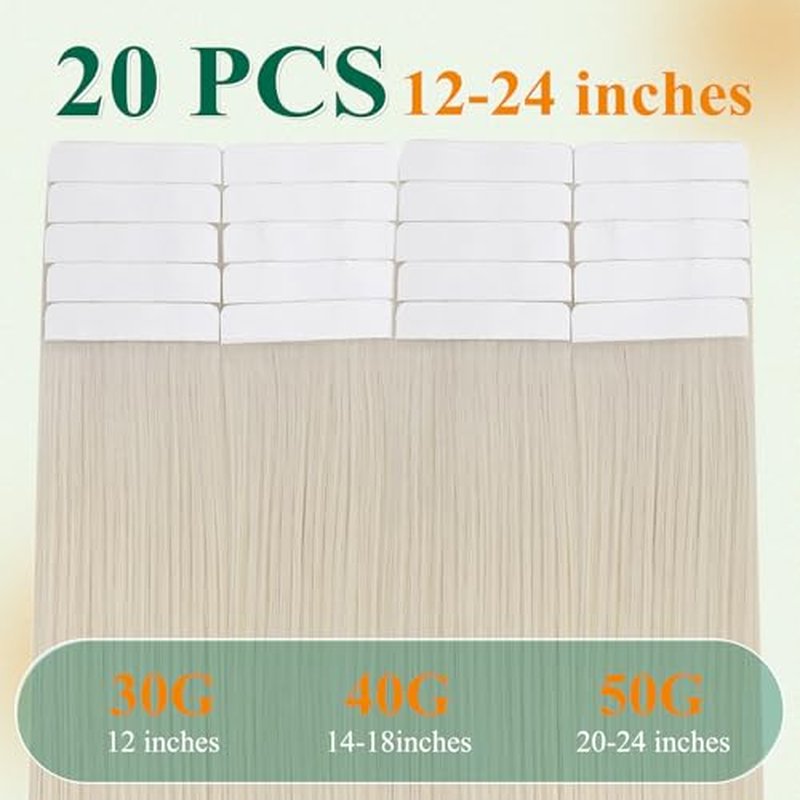Easyouth 24 Inch Blonde Tape in Hair Extensions Remy Human Hair Tape in Extensions White Blonde Tapes Hair Extension Real Human Hair for Long Straight Hair 20Pcs 50G