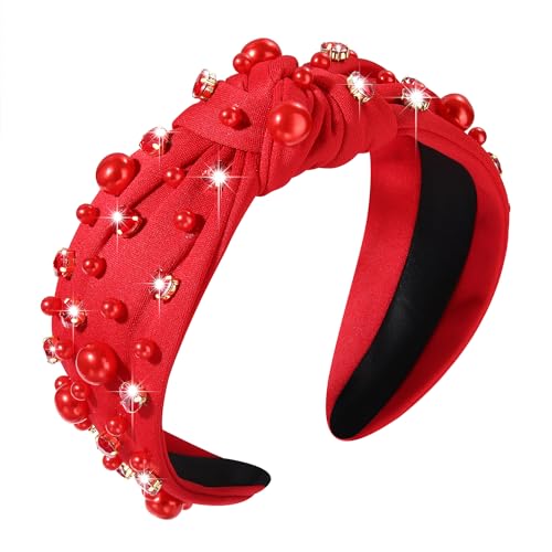 Valentines Day Headband for Women Red Heart Knotted Pearl Rhinestone Jeweled Hairband Fashion Valentine Holiday Wide Head Band Hair Accessories Gifts (red knot hairband)