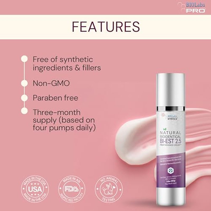 BIOLABS PRO Estro Cream BiEST 2.5 - Bioidentical Natural Solution - 2.5mg Per Dose - Three Month Supply - Luxury Bottle - 3.6oz