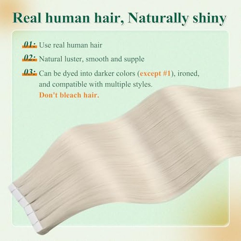 Easyouth 24 Inch Blonde Tape in Hair Extensions Remy Human Hair Tape in Extensions White Blonde Tapes Hair Extension Real Human Hair for Long Straight Hair 20Pcs 50G