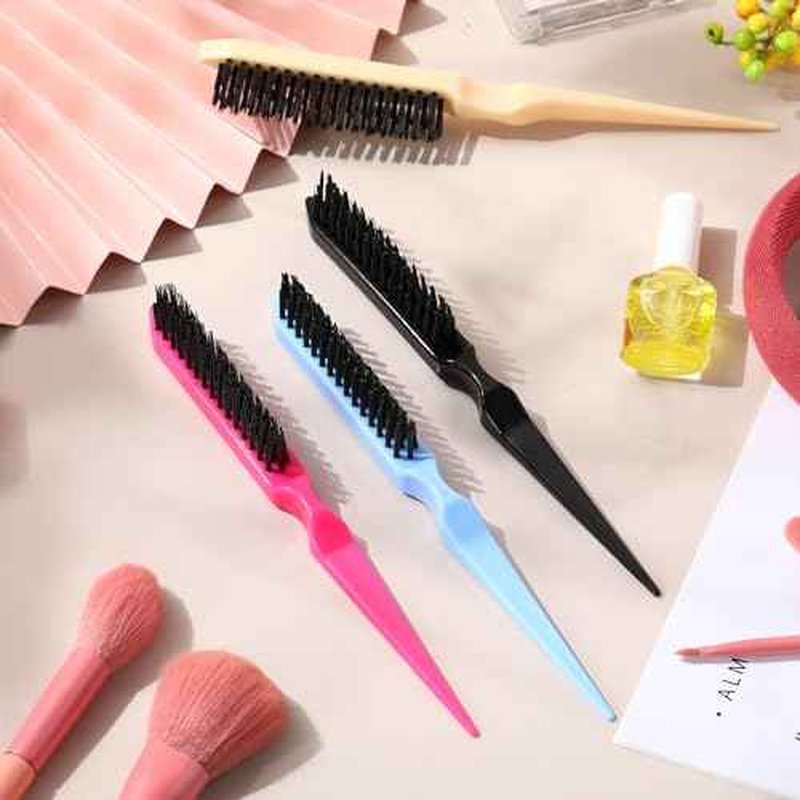 Yaomiao 6 Pcs Teasing Brush for Fine Hair Nylon Rat Tail Brush Set Women Three Row Salon Teasing Set for Back Combing, Root Hair Scalp Massage(Black, Blue, Rose Red, Yellow)