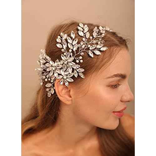Rhinestone Crystal Flower Hair Comb with Headpiece for Bride, Wedding and Women Girls Silver