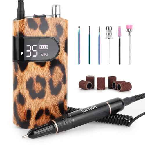 Lavinda 35000RPM Electric Nail Drill, Professional Cordless Nail Drill Machine Portable Rechargeable Nail Efile for Acrylic Gel Nails, Manicure Pedicure Tools for Salon Home Use-Leopard Print