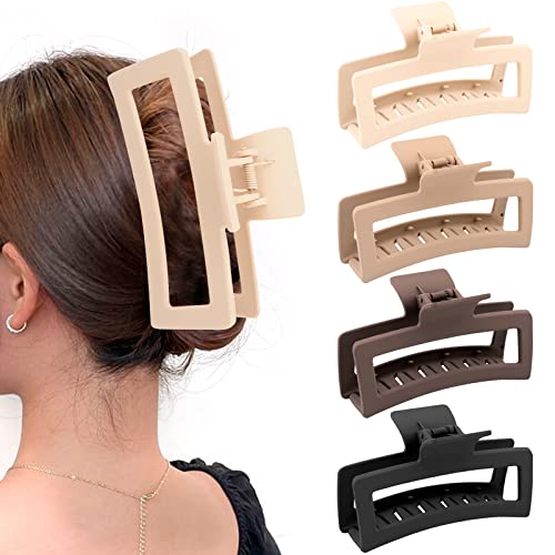 5 Inche Extra Large Claw Clips for Thick Hair and Long Hair, 4 Pack Xl Jumbo Claw clips, Oversized Matte Non-slip Rectangle Hair Clips for Women, Big Strong Hold Jaw Clip,Neutral Color
