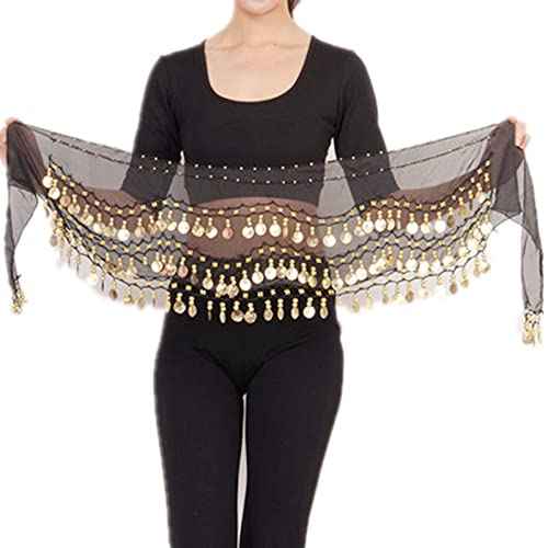 Multi-Row Gold Coins Belly Dance Wrap & Hip Scarf, Simple Classical Style -Black 128 Gold Coins Dance Skirt and Face Tattoo Sticker Metallic Temporary Transfer Tattoo