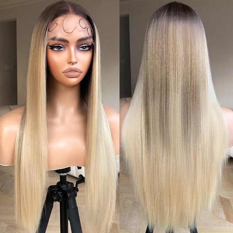 Straight Lace Wig Pre Plucked, Synthetic Lace Front Wig Pre Plucked, HD Glueless Wigs 13X5X1 Lace Wigs for Women 180 Density 26inch (ombreblond, 26)