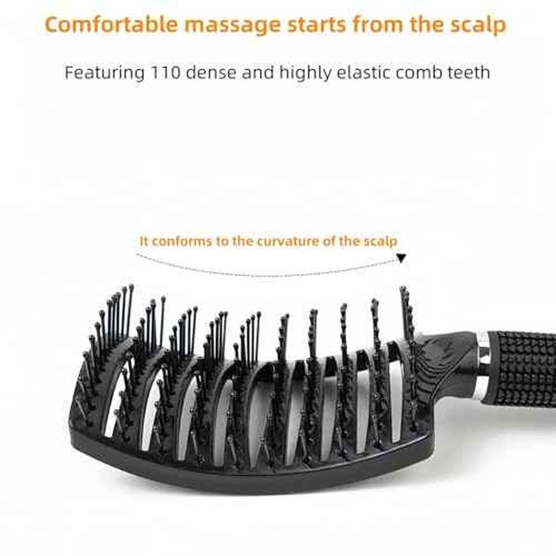 Professional Hair Brush, Curved Vented Design for Quick Blow Drying, Suitable for Women and Men, Paddle Detangling Brush for Wet & Dry, Curly, Thick & Straight Hair (Black-Nylon)
