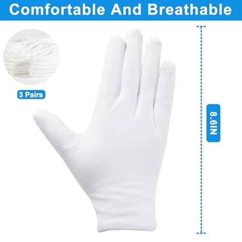 3 Pairs White Cotton Gloves for Dry Hands Sleeping, Premium Cotton Gloves for Eczema Lotion, Hand Gloves Moisturizing Overnight, White Gloves for Women & Men, Work Glove for Coin Jewelry Silver