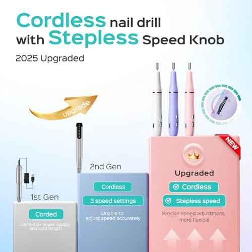 COSLUS Cordless Electric Nail Drill File: Nail Drill Machine with Stepless Speed Knob for Acrylic Gel Dip Powder Polish, Professional Portable Manicure Pedicure Rechargeable for Home Salon Use Purple