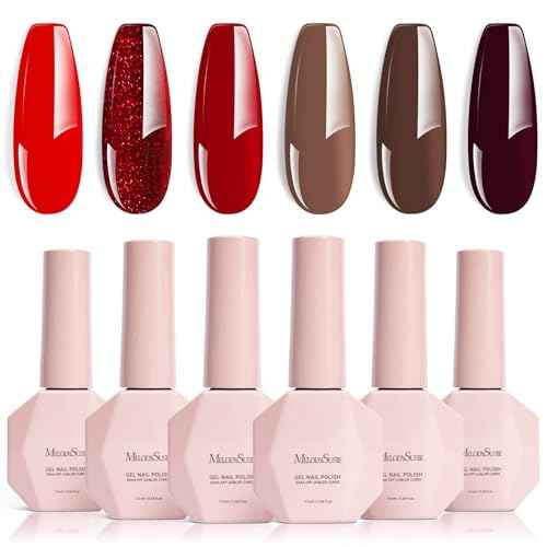 MelodySusie Red Brown Gel Nail Polish Set - 6 Colors Burgundy Red Glitter Beige Brown Soak Off UV LED Gel Polish Gift for Women Nail Art Manicure Salon DIY Nail Design Decoration at Home