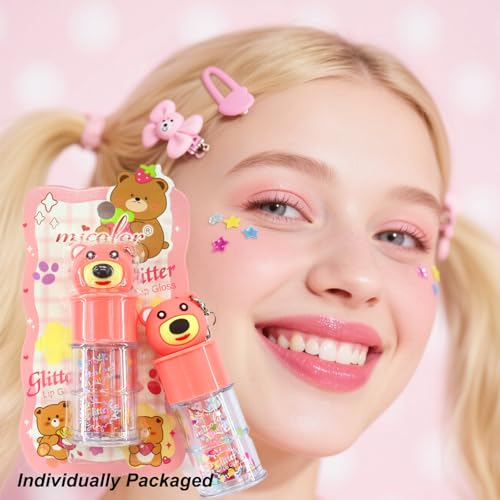 6 Pcs Hydrating Lip Gloss Set, Shimmer Glossy Moisturizing Lip Jelly Sequins and Sparkles Lip Make-Up for Kids and Teens Party Gift Cute Bear Keychain Design