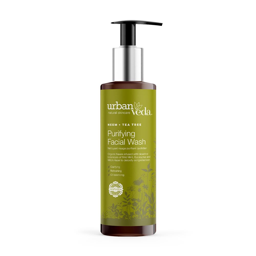 Urban Veda Purifying Face Wash | Acne Face Wash for Pimple and Acne | Tea Tree Cleanser for Oily Skin | Organic Neem and Tea Tree Face Wash | Face Wash for Women & Men | 5.1 Fl Oz