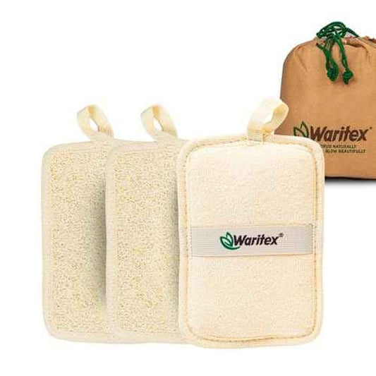 Waritex Egyptian Loofah Rectangular Body Scrubbers with Hand Strap, Exfoliating Bath Pads Made from Natural Egyptian Loofah Fibers, Gentle Deep Cleansing for Men and Women in Shower 3 Count (1 Pack)