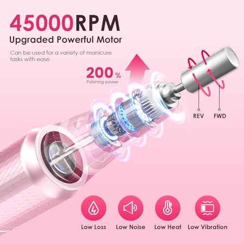 Professional Electric Nail Drill 45000RPM (Portable & Rechargeable) (with 11 Drill Bits ) Cordless Nail File Machine for Shaping, Polishing & Removing Gel Nails for Salon Home (Pink)