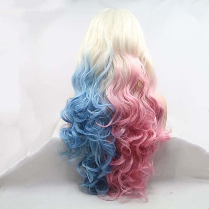 Xiweiya Wig 60# Platinum Blonde Ombre Blue Mixed Pink Lace Front Wig Long Body Wavy 3 Tones Synthetic Lace Front Wig Heat Resistant Fiber Wig for Woman Halloween Harley Quinn Cosplay 24inch