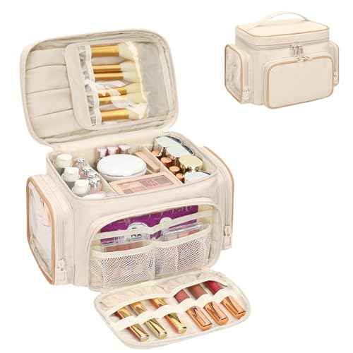 Large Makeup Bag, Portable Travel Makeup Bag Organizer for Women Girls with Makeup Brush Compartment & Two Side Pockets, Cosmetic Travel Bag Vertical Storage Toiletry - White