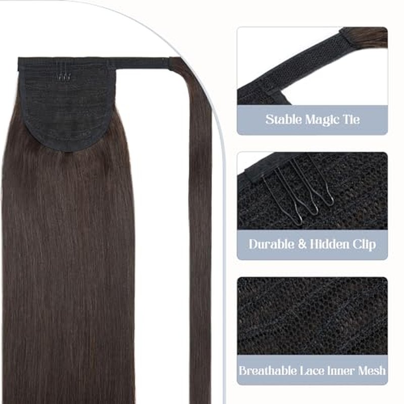 Rich Choices Ponytail Extension 100% Real Human Hair Wrap Around Remy Ponytail Extension for Women One Piece Clip In Long Pony tail Extensions Straight 18 Inch #2 Dark Brown