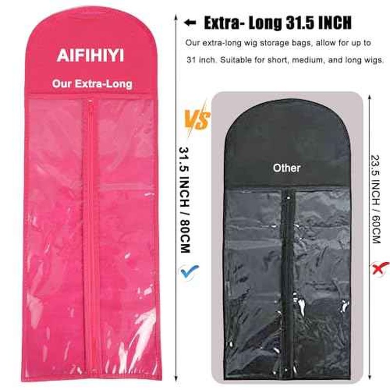 Hair Extension Holder 3Pcs Wig Storage Bags with Hanger, Wig Holder Wig Storage for Multiple Wigs, Breathable Dust-proof Extra Long Wig Bags for Hair Extensions & Accessories (Hot Pink)