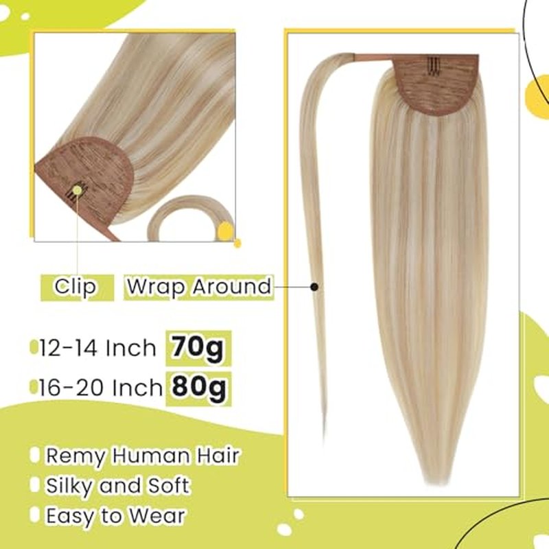 RUNATURE Ponytail Extension Human Hair, Real Hair Ponytail Extension Blonde, Straight Human Hair Ponytail, Remy Natural Hair Tangle Free, 14 Inch 70g #18P613 Ash Blonde Highlight Platinum Blonde