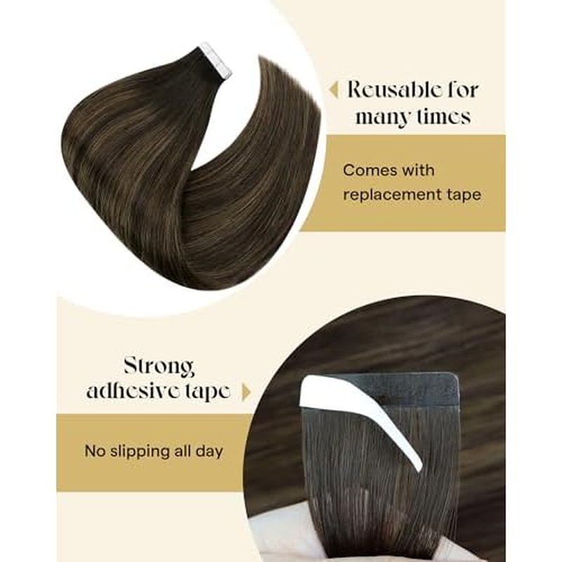 Ve Sunny Tape in Hair Extensions Real Human Hair Invisible Remy Human Hair Straight Tape Ins Double Sided Darkest Brown Ombre Medium Brown Balayage 20 inch 20Pcs 50G