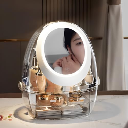 Sooyee Clear Makeup Organizer,Bathroom Counter Organizer, Modern Jewelry and Cosmetic Display Cases with Led Lighted Mirror,Make Up Organizer Stands for Bathroom, Dresser, Vanity Countertop