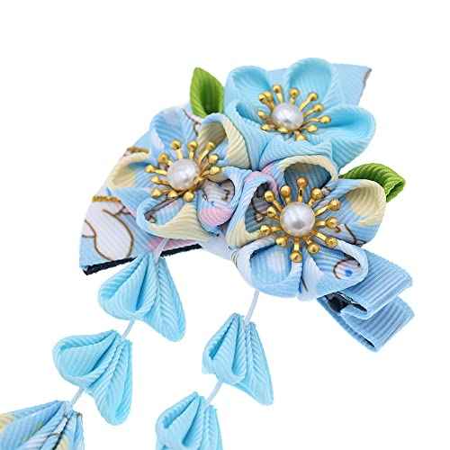 Japanese Style Women Flower Hair Clip Tassel Hair Ornament, Kimono Decor Fabric Hanfu Hairpin Accessories For Christmas Party Costume Gift (Light blue)