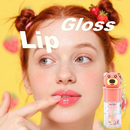 6 Pcs Hydrating Lip Gloss Set, Shimmer Glossy Moisturizing Lip Jelly Sequins and Sparkles Lip Make-Up for Kids and Teens Party Gift Cute Bear Keychain Design