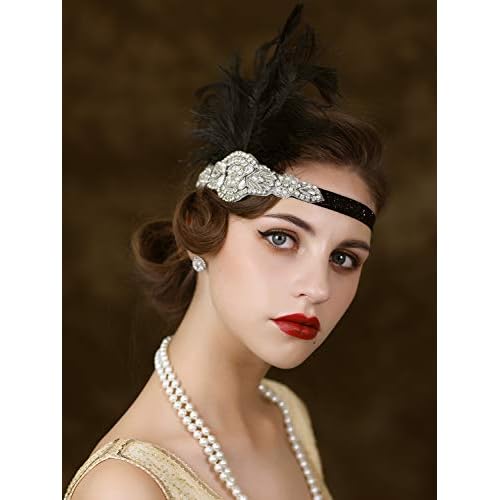 SWEETV 1920s Headpiece Flapper Headband, Rhinestone Feather Great Gatsby Headpiece Hair Accessories for Women (Black)