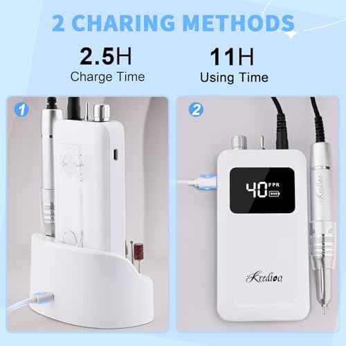 Kredioo Professional Nail Drill Brushless 40,000RPM Rechargeable 2-in-1 Portable Electric Nail File Ultra Silent Salon Must Haves Nail Tool Kit Removing Acylic Gels