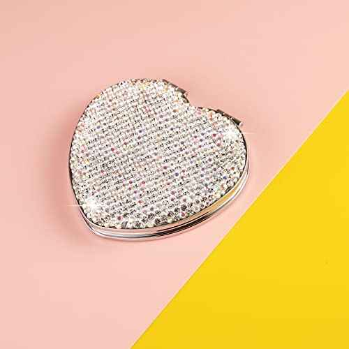 AsAlways Rhinestone Compact Pocket Mirror Portable Travel Cute Cosmetic Mirror Folding Handheld Double-Sided 1x/2x Magnifying Purse Mirror (Silver)