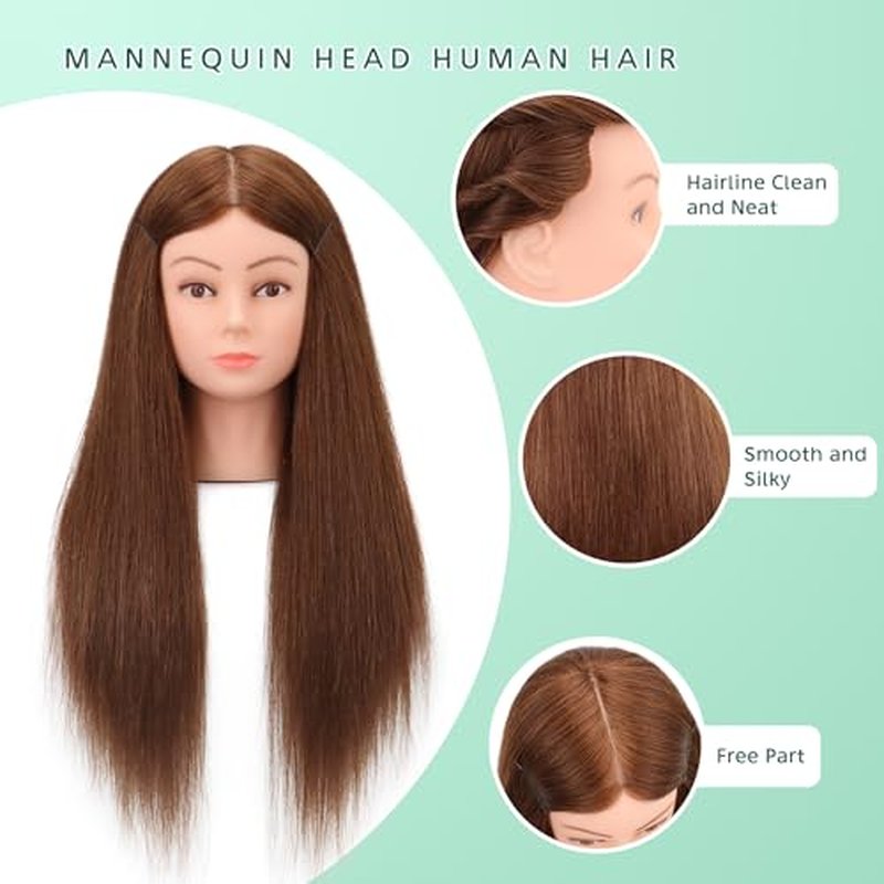 24-26¡¯¡¯ Cosmetology Mannequin Head with 100% Real Human Hair, 100% Human Hair Hairdresser Cosmetology Mannequin Manikin Training Head Hair and Free Clamp Holder