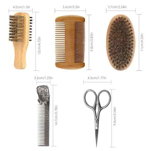 Beard Brush and Comb Set with Mustache Scissors Grooming Kit, Natural Boar Bristle, Dual Action Wood Comb, Dual Side Brush for Men's Facial Hair, Travel Bag