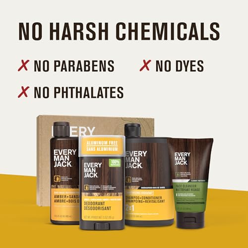 Every Man Jack Men¡¯s Amber + Sandalwood Bath and Body Gift Set - Clean Ingredients & Sandalwood, Amber, and Vetiver scent - Round Out His Routine with Body Wash, 2-in-1 Shampoo, Deodorant & Face Wash