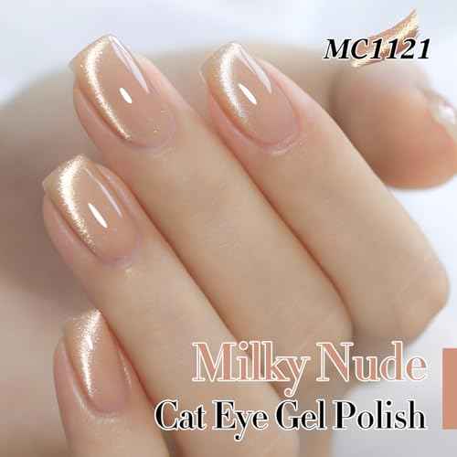 Double Rhythm Cat Eye Gel Polish with Magnet 15ML Ice Glass Holographic Glitter Shimmer Translucent Sheer Color Salon Soak Off Magnetic at Home (Milky Nude-MC1121)