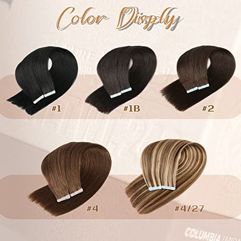 Tape in Hair Extensions Human Hair 4/27 Highlight Brown Straight Tape in Human Hair Extensions Adhesive Glue on Premium Quality Silky Invisible Seamless Skin Weft 16 inches 20pcs 50g/pack