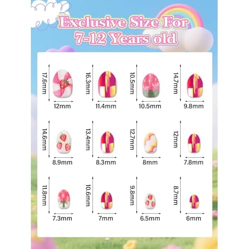 EBANKU 1 Pack Kid Fake Nail Kit, 24 Pieces Strawberries Press on Nails for Kids Almond Press on Nail Short Artificial False Nail Kits for Kids Girls