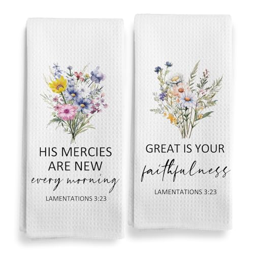 Christian Religious Gifts for Women, Christian Floral Kitchen Towels, Religious Scripture Bible Verse Kitchen Tea Towels Decorative Set, Lamentations 3 23 Bible Scripture Hand Dish Towels16x24in