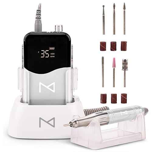 M Mase- Professional Nail Drill Machine - Coreless 2-in-1 Nail File - Electric, Cordless, 35000 RPM, HD Display - Electric Nail Drill for Professional & Home Use (White)