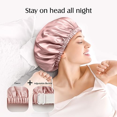 YFONG Double Layered 100% Silk Bonnet for Sleeping Women, 22 Momme Pure Mulberry Silk Sleep Cap with Adjustable Elastic Band Stay On Head£¬Reduce Frizz, Keep Hairstyle, Soft & Breathable, Pink, M