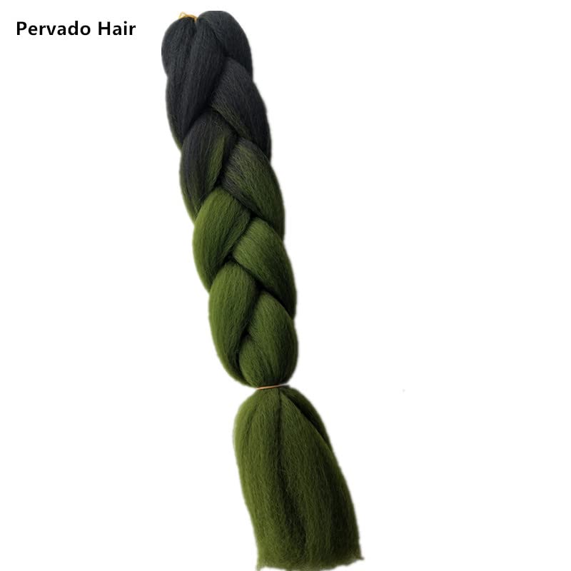 Ombre Color Synthetic Braiding Hair Extensions - 24 Inch Jumbo Braids | Black to Olive Green, 5 Packs for Crochet Twist Box Braids