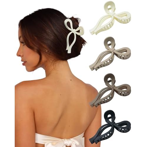 4 PCS Bow Hair Clips Bow Claw Clip for Women Nonslip Large Hair Claw Clips for Thin and Thick Hair Strong Hold Hair Bows (Black+Light Brown+Off-White+Dark Brown)